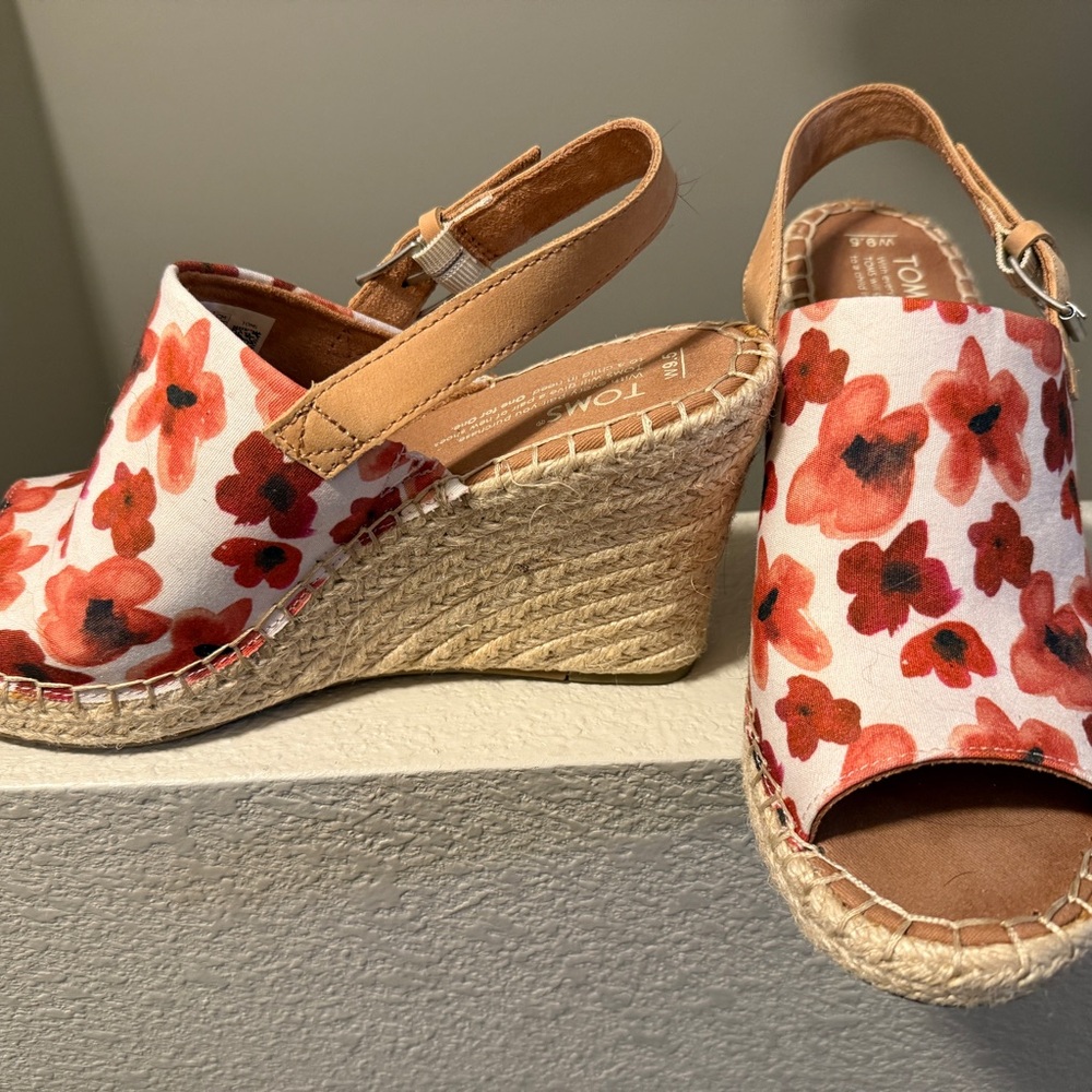 Toms Red and Tan Wedge Sandals with Espadrille Style